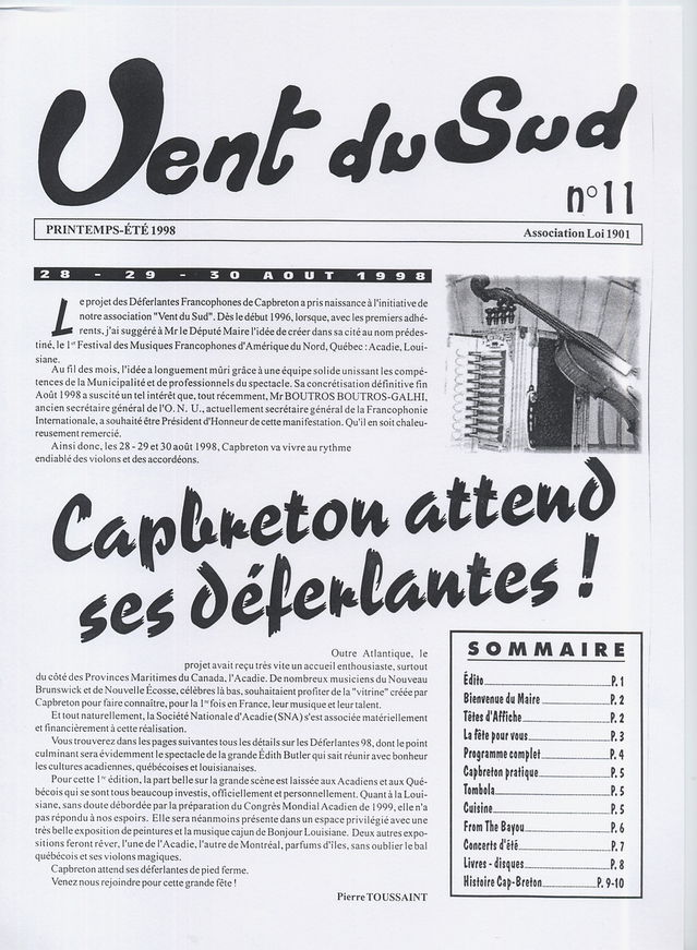 Printemps 1998 : dans son bulletin d'information, Pierre Toussaint annonce la création des Déferlantes Francophones de Capbreton Printemps 1998 : dans son bulletin d'information, Pierre Toussaint annonce la création des Déferlantes Francophones de Capbreton