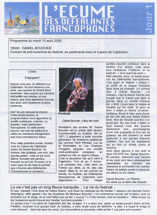 Un des bulletins d'information distribué chaque jour durant les dernières Déferlantes Francophones à Capbreton Un des bulletins d'information distribué chaque jour durant les dernières Déferlantes Francophones à Capbreton