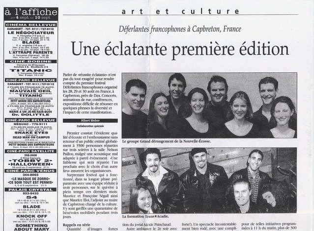 8 août 1998, quotidien L'Acadie Nouvelle après les premières Déferlantes Francophes à Capbreton 8 août 1998, quotidien L'Acadie Nouvelle après les premières Déferlantes Francophes à Capbreton