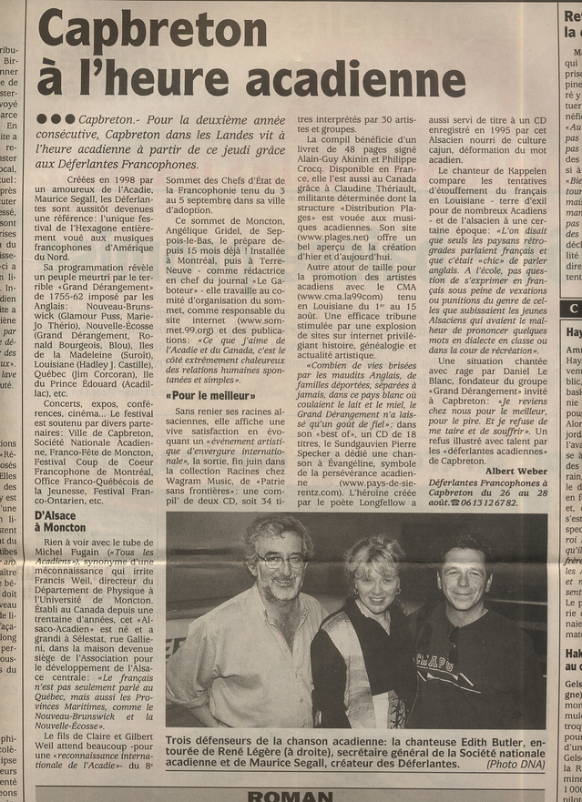 26 août 1998, Dernières Nouvelles d'Alsace : coup de projecteur sur les premières Déferlantes Francophones de Capbreton 26 août 1998, Dernières Nouvelles d'Alsace : coup de projecteur sur les premières Déferlantes Francophones de Capbreton