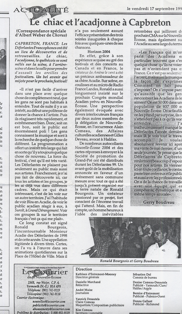 17 septembre 1999, Courier de Nouvelle-Ecosse : compte-rendu des 2ème Déferlantes suite aux contacts pris par Gerry Boudreau 17 septembre 1999, Courier de Nouvelle-Ecosse : compte-rendu des 2ème Déferlantes suite aux contacts pris par Gerry Boudreau