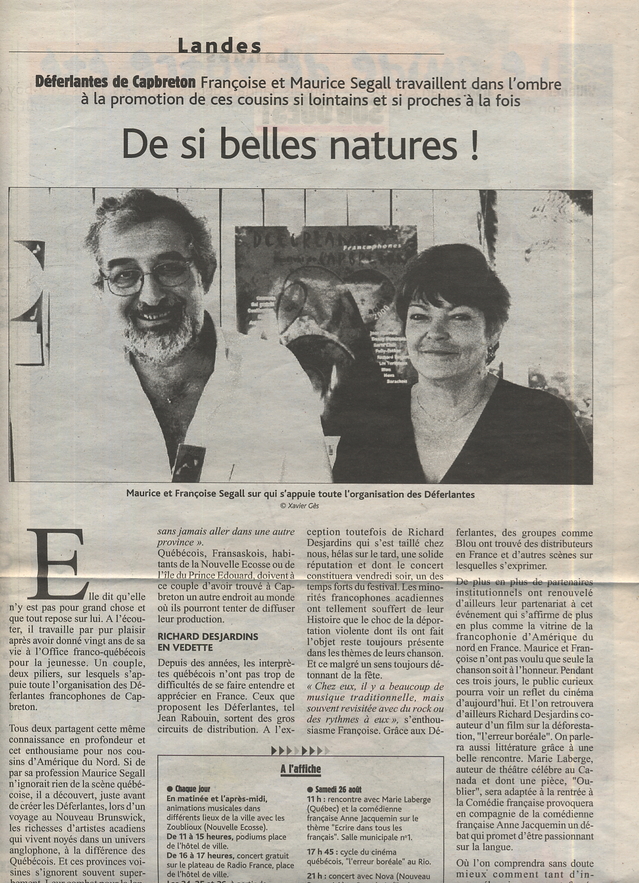 Août 2000 : Passerelle Francophone alias Maurice et Françoise dans le quotidien Sud-Ouest Août 2000 : Passerelle Francophone alias Maurice et Françoise dans le quotidien Sud-Ouest