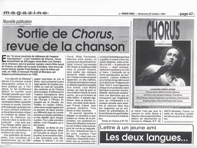 25 octobre 1992, hebdomadaire Week-End, Ile Maurice : annonce du premier numéro de Chorus