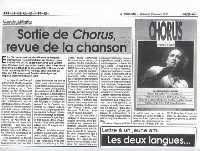 25 octobre 1992, hebdomadaire Week-End, Ile Maurice : annonce du premier numéro de Chorus 25 octobre 1992, hebdomadaire Week-End, Ile Maurice : annonce du premier numéro de Chorus