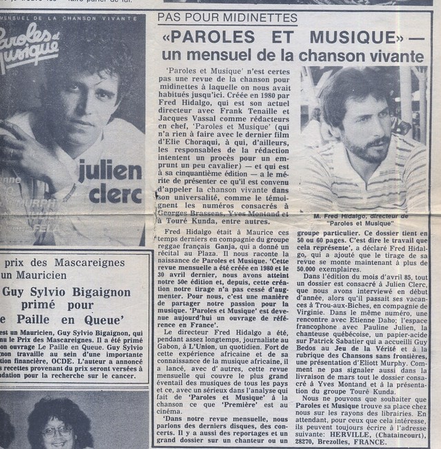 Hedbomadaire Week-End, Ile Maurice : 12 mai 1985, à l'époque de Paroles et Musique ... Hedbomadaire Week-End, Ile Maurice : 12 mai 1985, à l'époque de Paroles et Musique ...